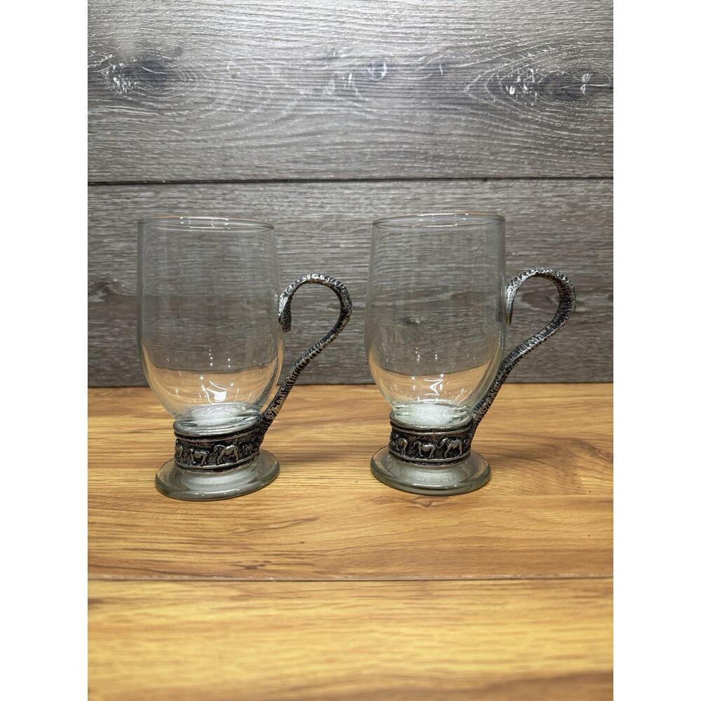 VTG Andy C Elephant Pewter & Glass Coffee Mugs Mid Century Safari Tea Cups x2